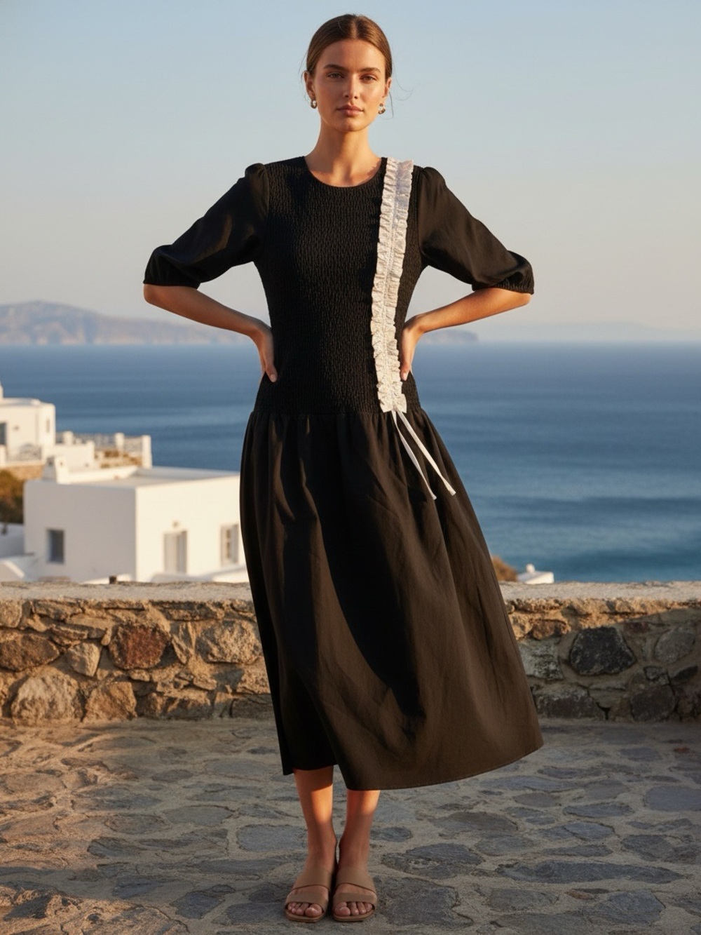 OperaSPORT Free People Sabine Smocked Black Organic Cotton Midi Dress Size S